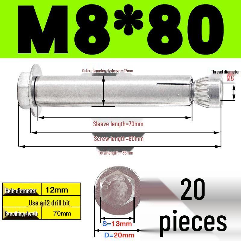 Stainless Steel Expansion Screw: Hexagonal Head with Internal Expansion (304/201), Sizes M6, M8, M10, M12.