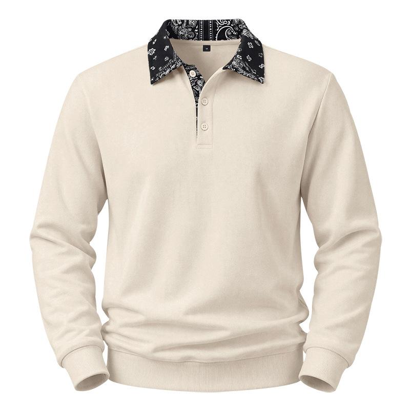Mens Paisley Pattern Fleece Long Sleeve Polo Shirt American High Street Style