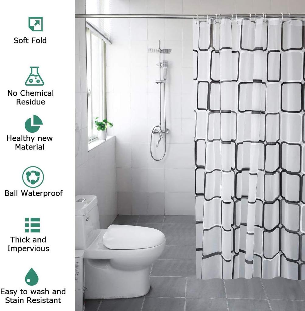 1pc Checked Waterproof Shower Curtain with Metal Grommets & Plastic Hooks, Semi-ransparent Plastic Bath Curtain for Bathroom