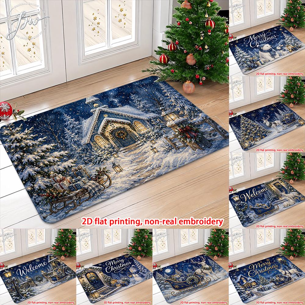 1pcs Christmas Welcome Doormat Winter Snow Scene Non-Slip Bathroom Kitchen Floor Mat Holiday Decor Rug