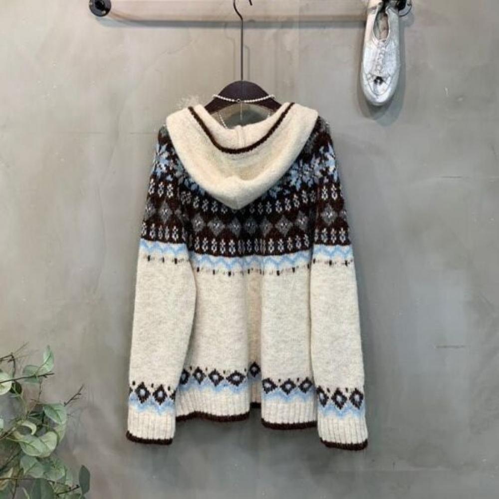 C S In The Room Goni Wool Snowflake Pattern Long Sleeve Knit Hoodie Zip Up 3C