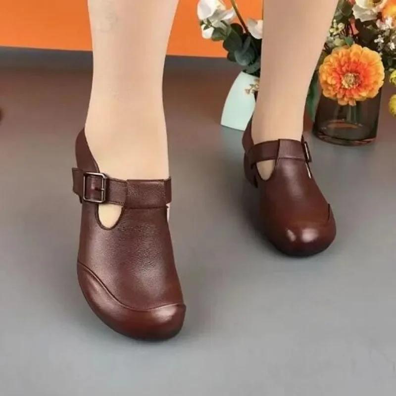

Fashion Handmade Retro Style Women Platform Shoes 2024 Spring Summer Genuine Leather Wedges Heel Shallow Casual High Heels Shoes 35 коричневий