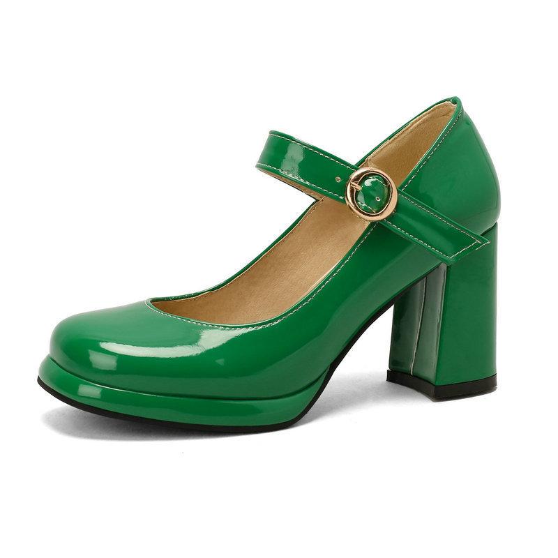 Patent leather Mary Jane women's single shoes spring and autumn new round head thick heel super high heel one-word buckle belt women's single shoes