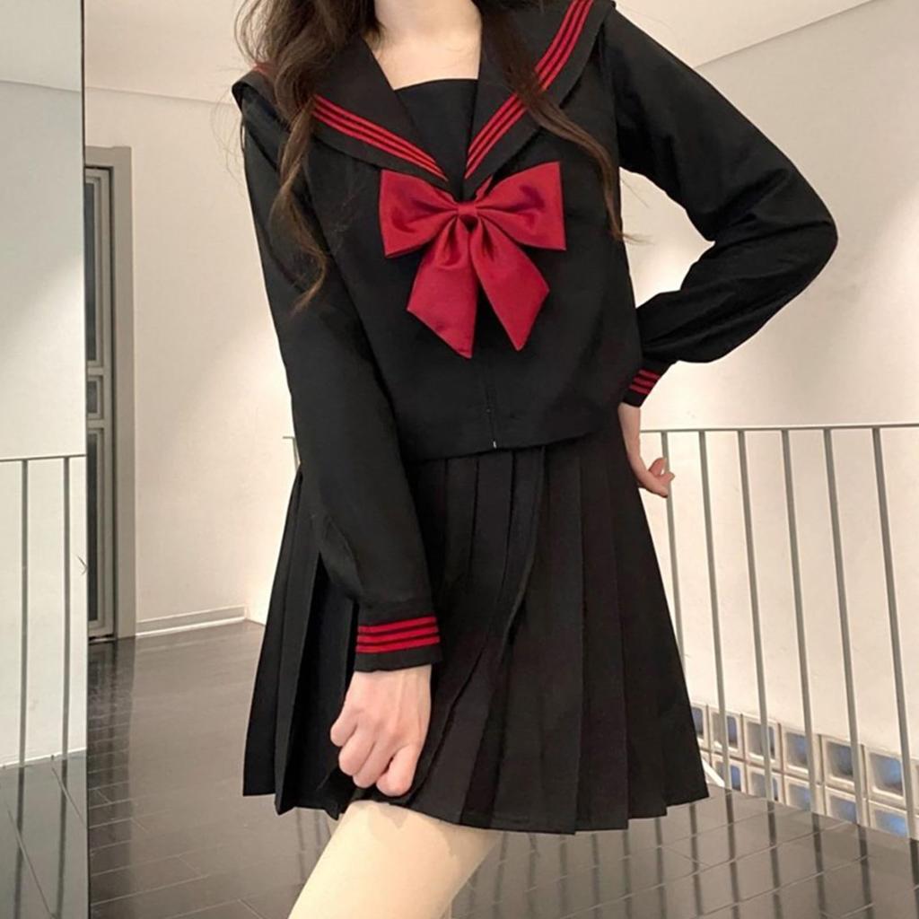 Moerstar Long Sleeve Pink Ribbon Sailor Uniform High School Halloween JK Pleated Authentic Perfect for Selfies and Women's Set, Girls, 3-Piece Set,