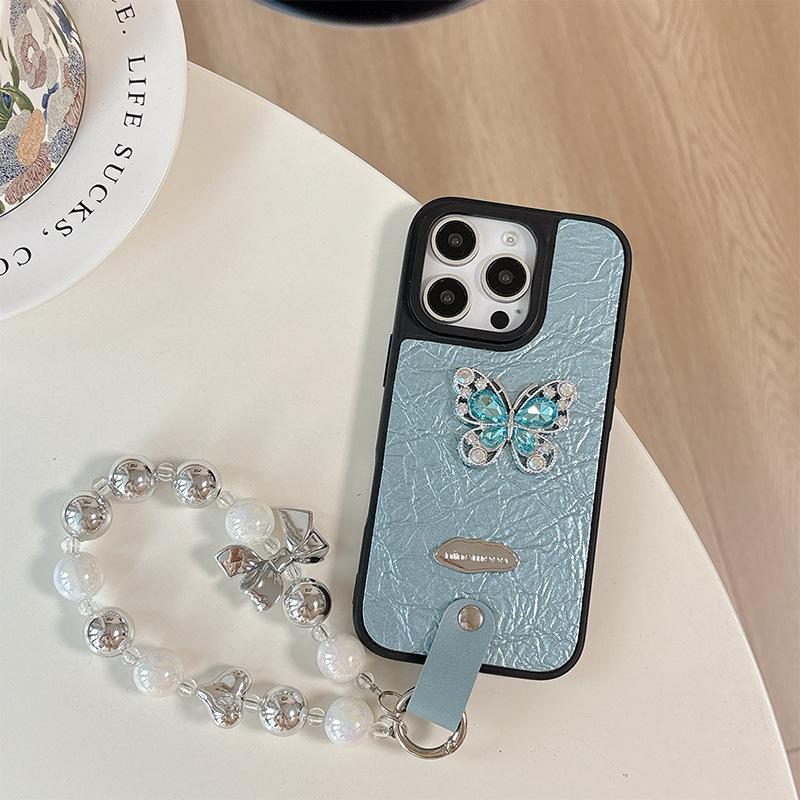 Strass Schmetterling High-End Kette Handyhülle für 15 für Apple 17 Handheld für IPhone16pro Leder Mode