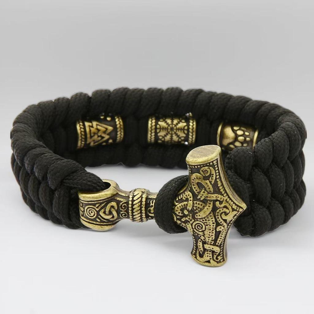European & American Antique Bronze Thor's Hammer Men's Retro Woven Bracelet