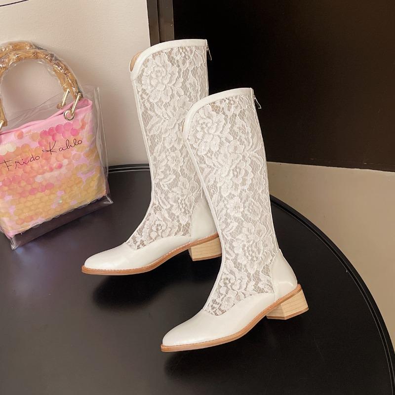 2025 Women's Fashion Boots Pointed Toe Square Heel Lace Mesh Hollow High Tube Boots Fashion Grace Summer Breathable Summer Boots