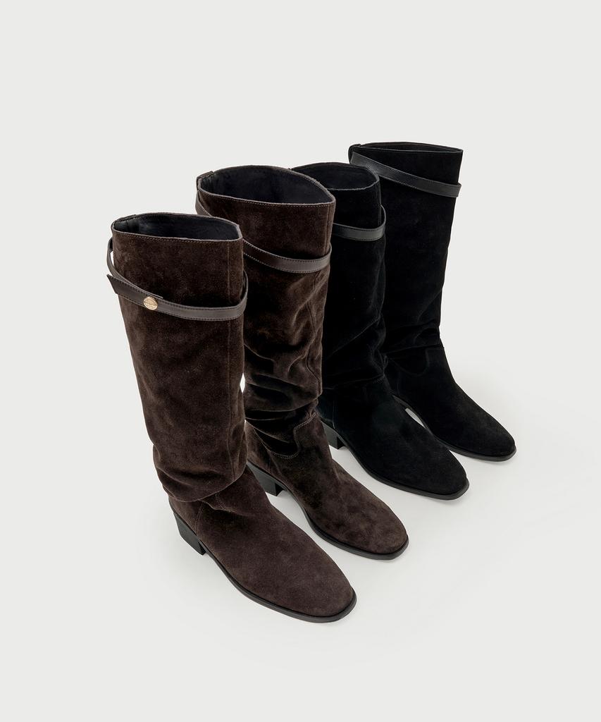 Mongdol Buckle Strap Cow Leather Suede Shirred Long Boots Mdac045_2 Colors