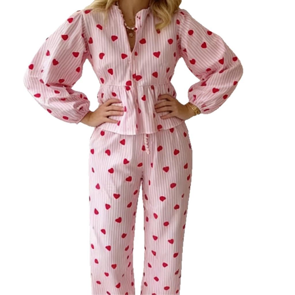 Spring Autumn Home Sleepwear Set - Silk Breathable Striped Heart Pattern Home Clothing