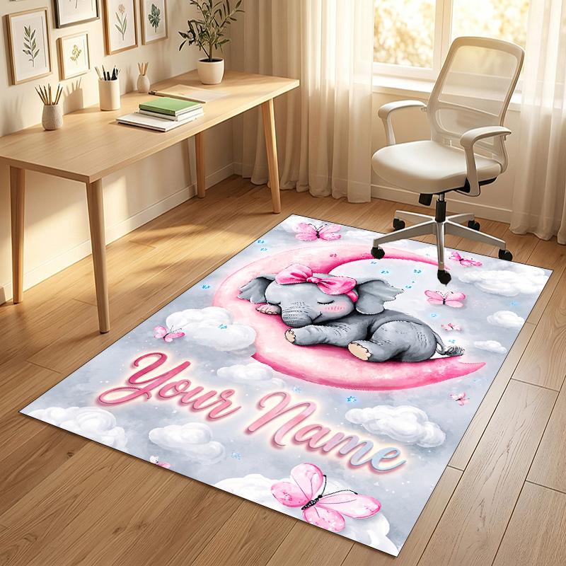 Elephant Theme Crystal Velvet Rug Personalized Custom Name Text Soft Floor Mat Home Decor