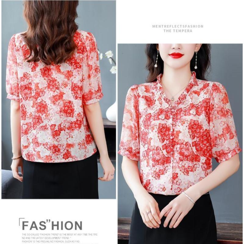 Mamas Blumen-Chiffon-Hemd, Sommer, neue halblange Bluse, Damenmode, V-Ausschnitt, bedrucktes Oberteil, M-4XL