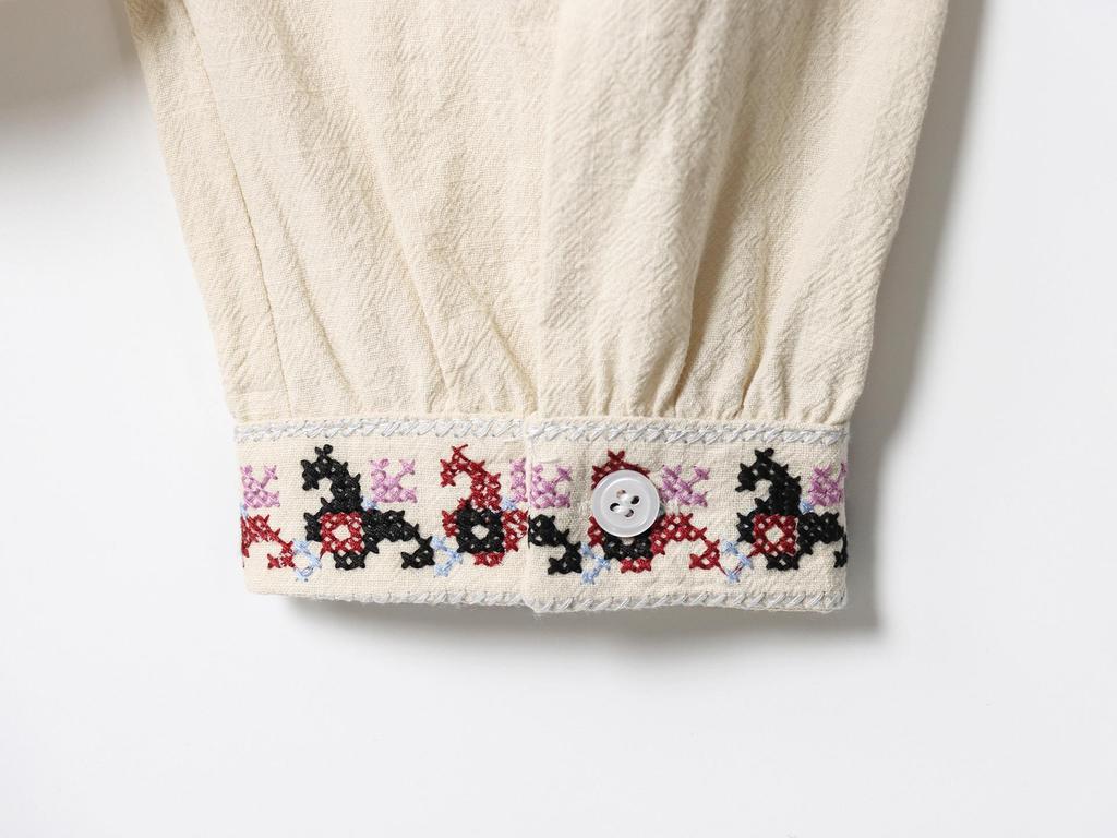 European American V-Neck Long Sleeve Embroidered Slimming Shirt for Women