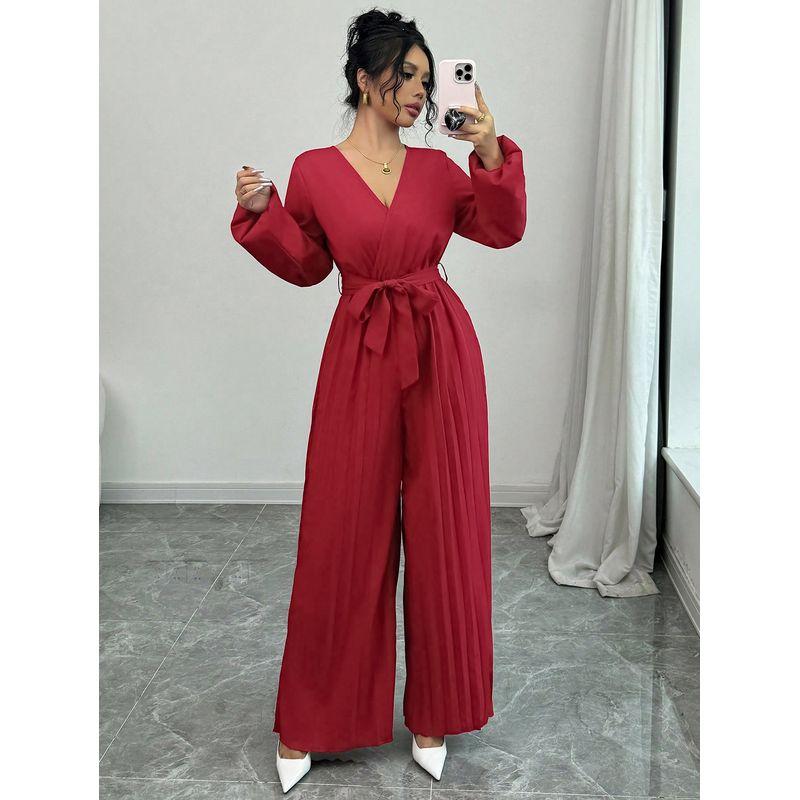 

Fall New Arrival Fashion Fashion V Neck Waist-Controlled Lace-up Ruched Wide Leg Long Sleeves Jumpsuit Pants Women Jumpsuit 2054-1 Red Chart XL