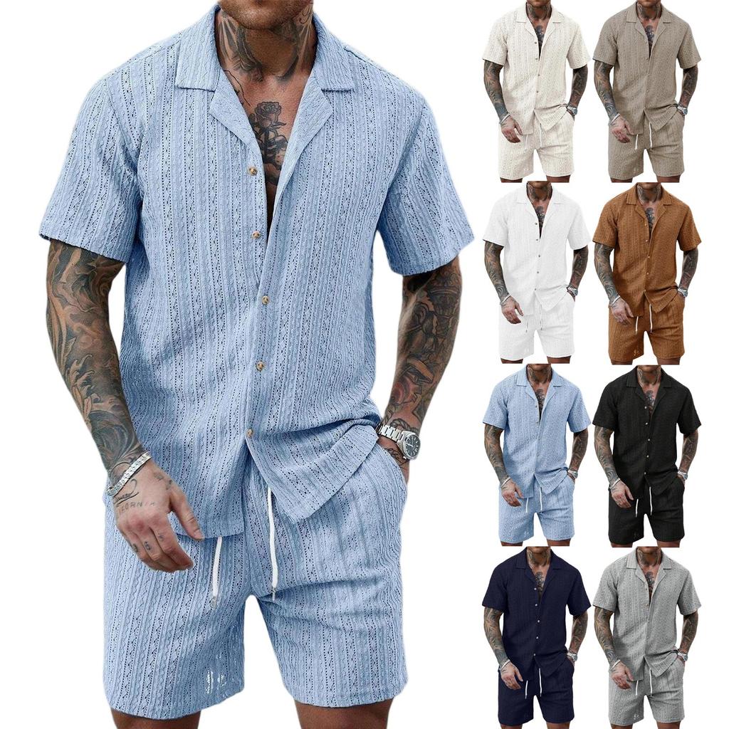 Conjunto Casual de Verão Masculino Duas Peças Camisa de Botão Manga Curta Shorts com Cordão Tecido Leve Respirável Caimento Relaxado