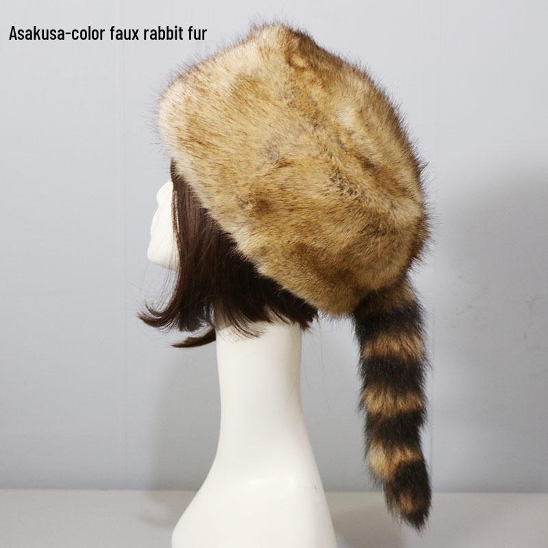 Women's Faux Fur Russian Hat with Raccoon Tail, Warm Ear Protection, Perfect for Autumn & Winter