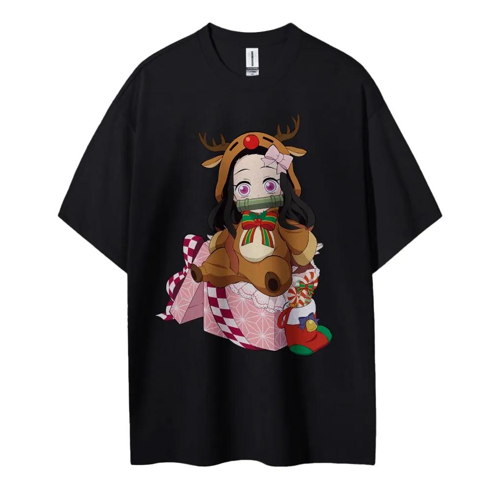 Demon Slayer 2026 New Hot Nezuko Christmas Deer Costume Cotton T Shirt Summer Graphic Tee Cute Festive Design for Fans S