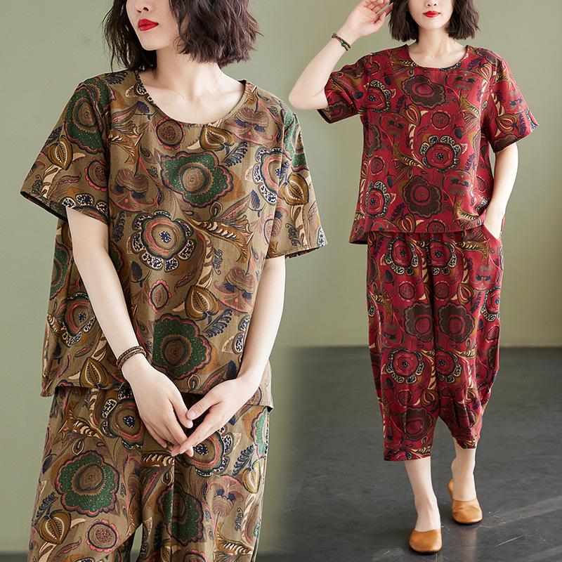 1116 summer new fat mm retro casual linen cotton printing round neck pullover short sleeve suit top cropped pants women