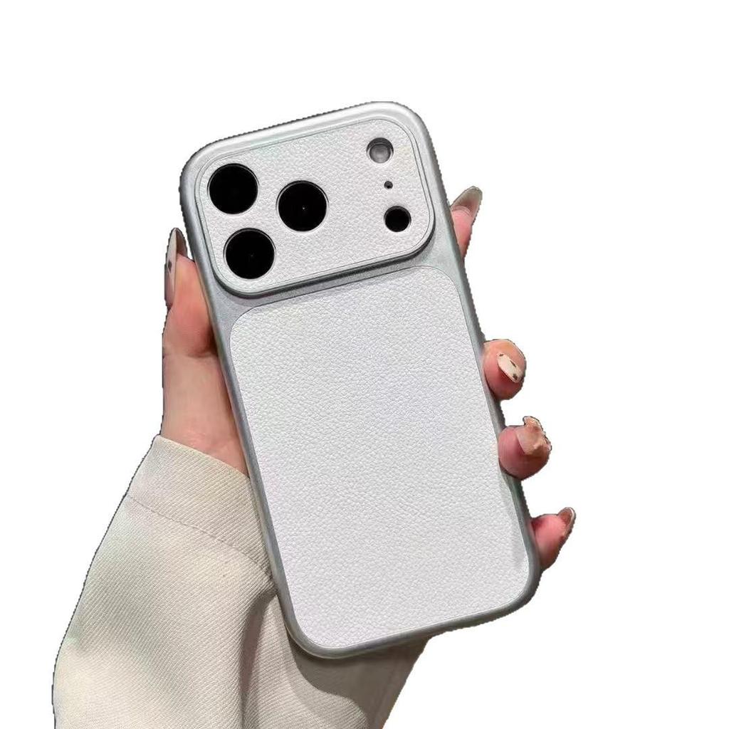 Leather Grain Silver Frame Large Window Phone Case for iPhone 17, Apple 16, Full Coverage, Drop-Proof Protective Case, 15 & 13 Compatibility