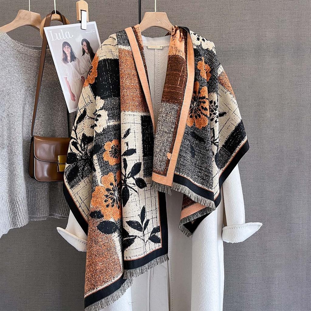 Autumn New Imitation Cashmere Fringed Scarf Women's Plaid Flower Age-reducing Printed Scarf Fashionable Versatile Warm Shawl