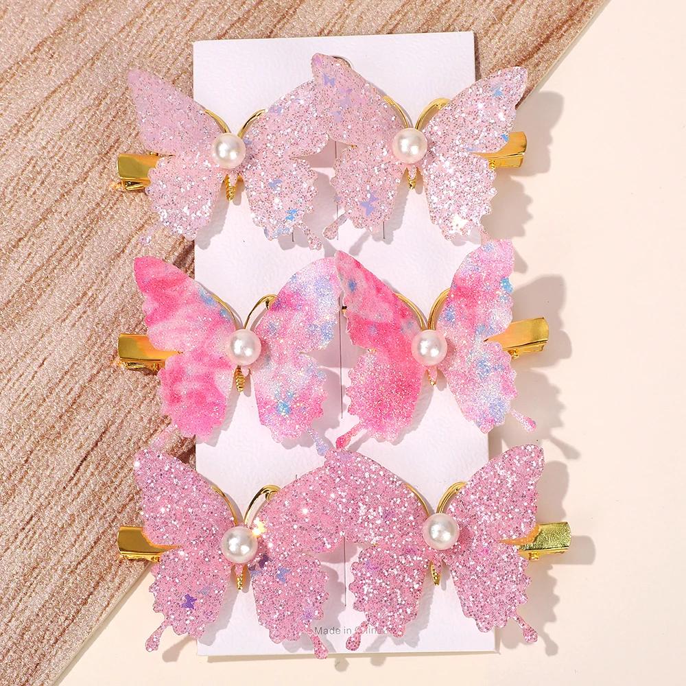 

6 шт. заколки для волос в корейском стиле с пайетками-бабочками, жемчугом, металлическими бантами, для челки, женские модные аксессуары для волос