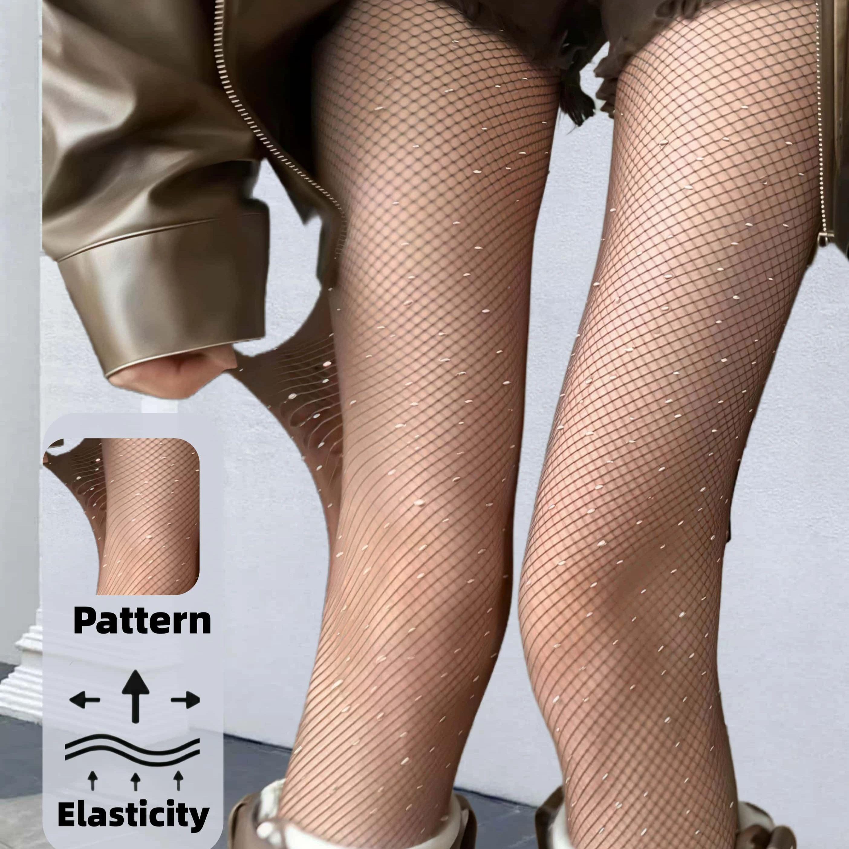 

Women S Coffee Rhinestone Mesh Pantyhose High Elastic Sheer Fishnet With Full Bling Diamond Sexy Daily Wear Tights For Street M