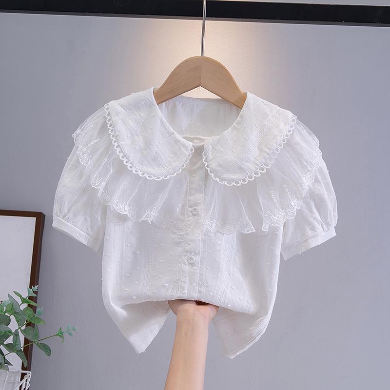 

Девочка Принцесса Кружевной Топ Рубашка Короткий Рукав Лето Новый Детский Рукав-фонарик Кукольная Рубашка 140 белый