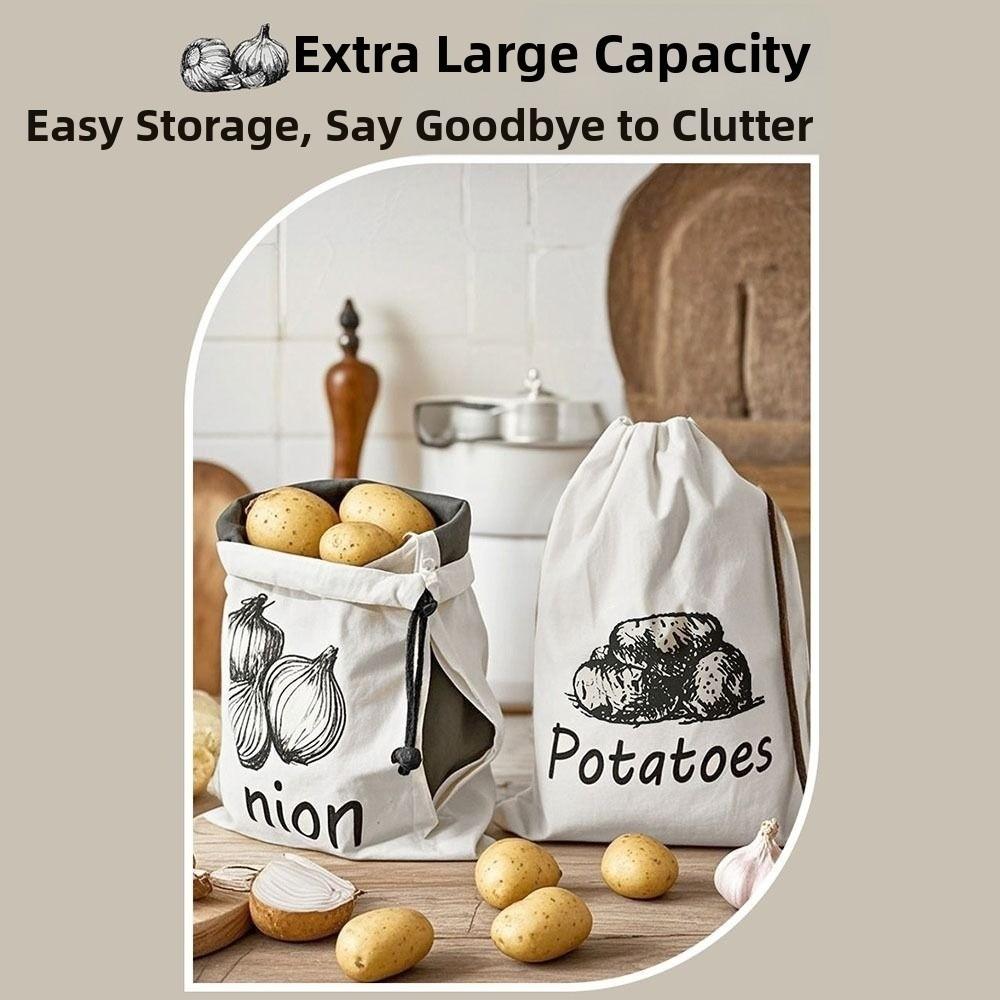Portable Reusable Onion Potatoes Storage Bag Drawstring Large Canvas Bag With Side Zipper Kitchen Storage Pouch