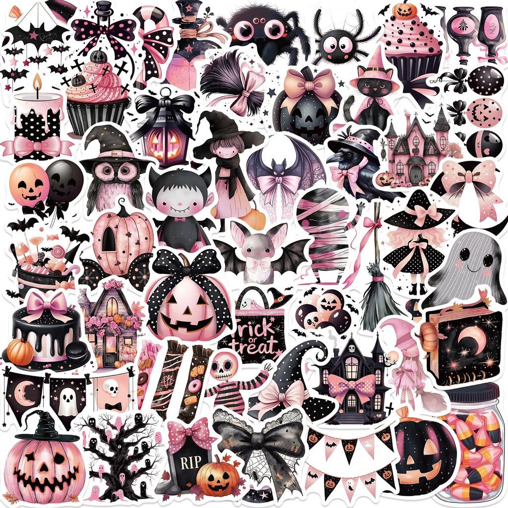 50pcs Black Pink Halloween Graffiti Cartoon Stickers for Guitar, Notebook, Luggage, DIY, Waterproof Decoration.
