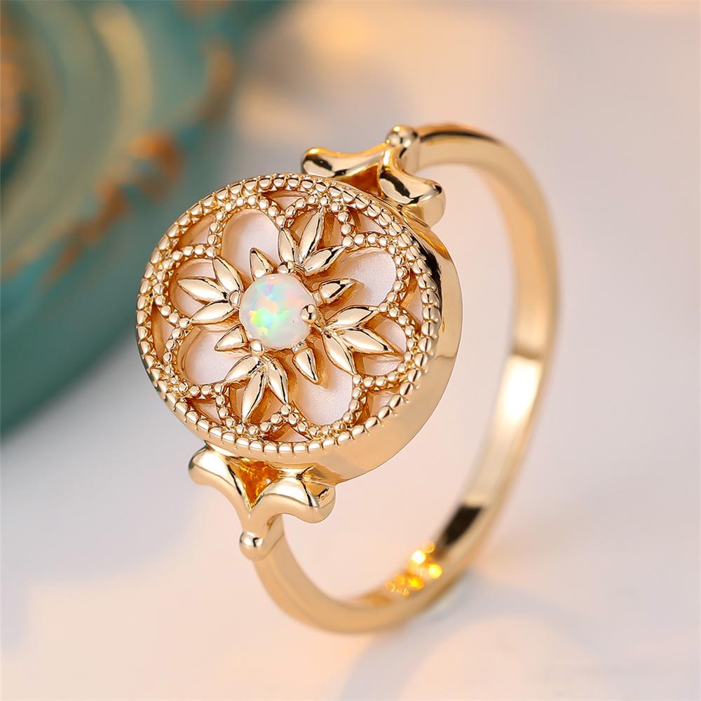 Trendy Flower White Opal Round Stone Rings For Women Vintage Gold Color Engagement Bands Wedding