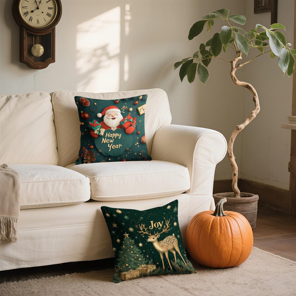 4pcs Set Christmas Pillow Cover Green Christmas Themed Pillowcase 17.7 Inches * 17.7 Inches Single-sided Printed Christmas Decoration Sofa Lumbar Supp