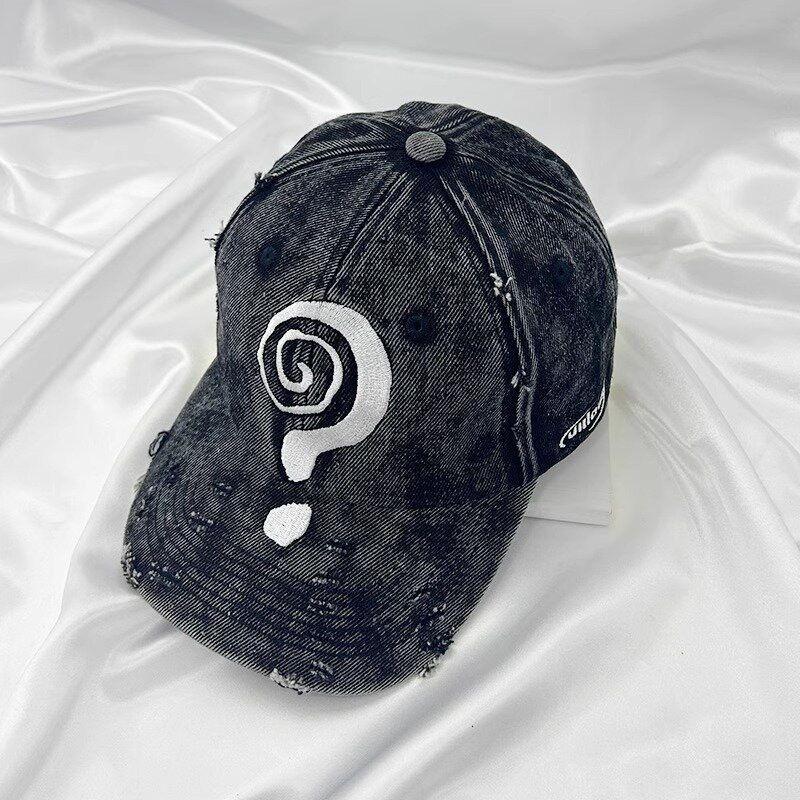 American old question mark embroidered baseball cap men s and women s washed denim holes personalized trendy brand casual versatile cap adjustable 54-60cm