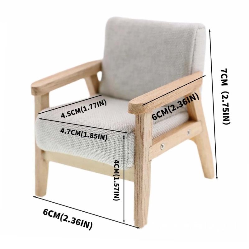 Model Home Furniture Chair 1:12 Scale Wood Frame, Padded Fabric Seat for Small Living Room Layouts and Builds Use