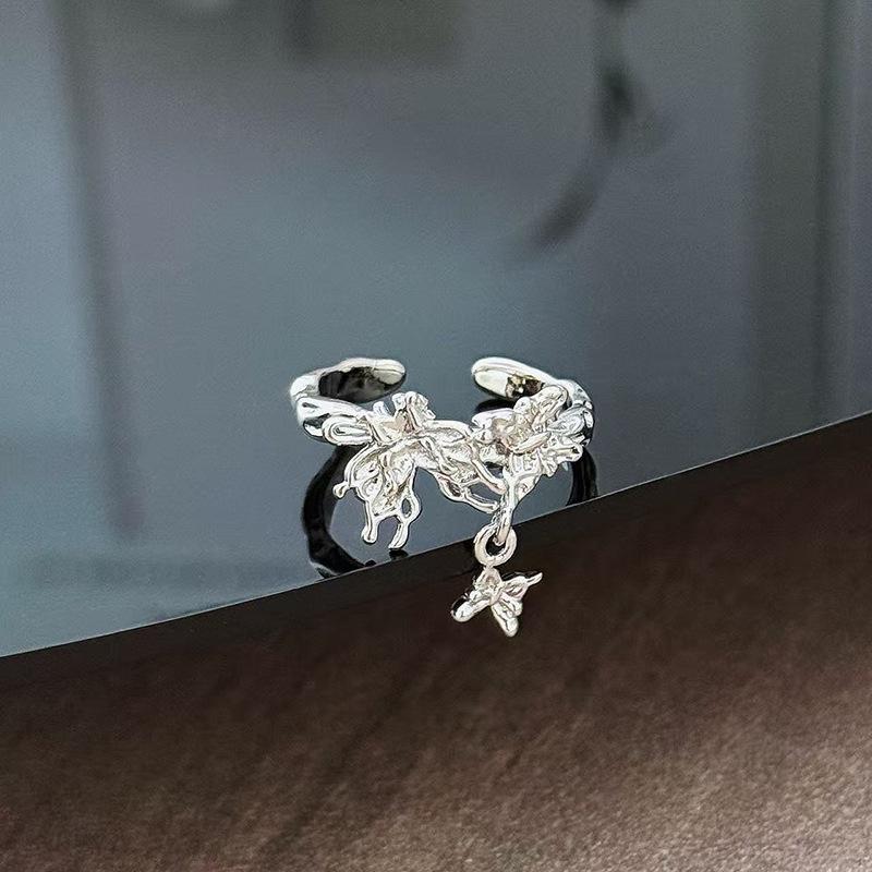 Explosive Flash Tassel Butterfly Ring Fairy Flash Diamond Open Ring Niche High-End Light Luxury Wide-Version Jewelry Woman Adjustable opening