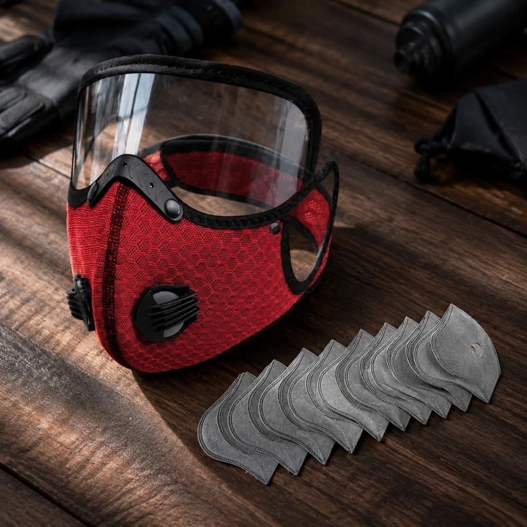 Cycling Face Mask with Clear Shield and Replaceable Filters Adjustable Breathable Protective Cover for Outdoor Sports and Dust Prevention