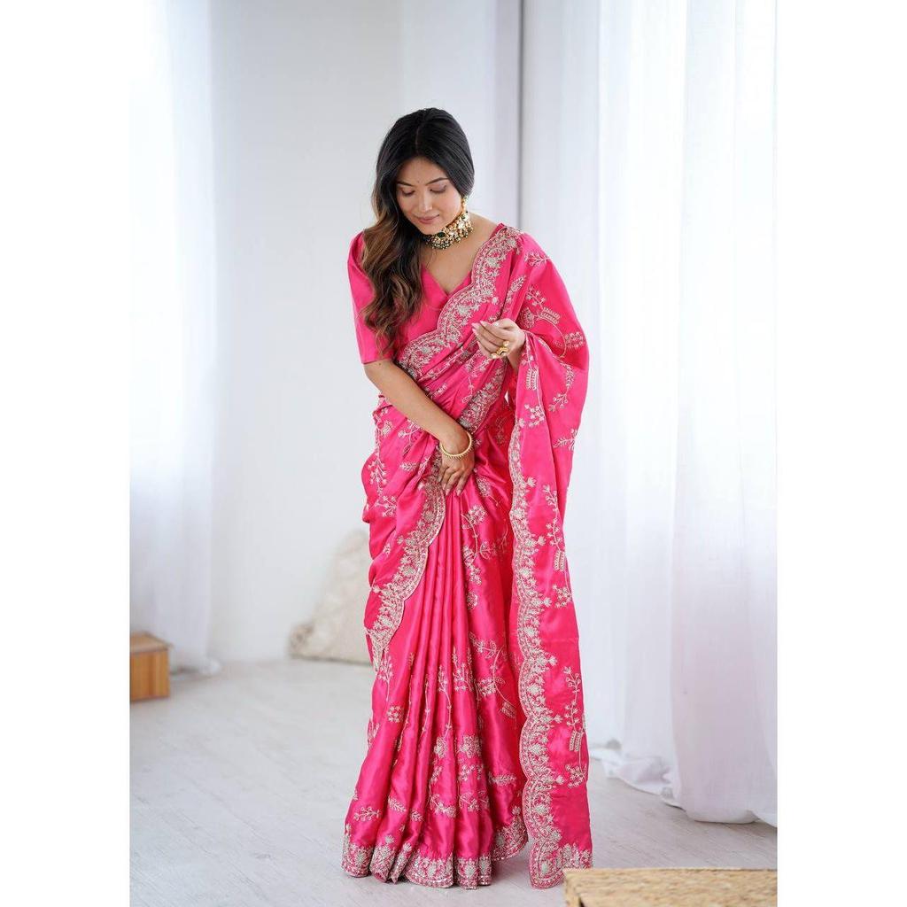 New Launch – Luxury Japan Satin Silk Saree with Coding & Sequins Embroidery Work