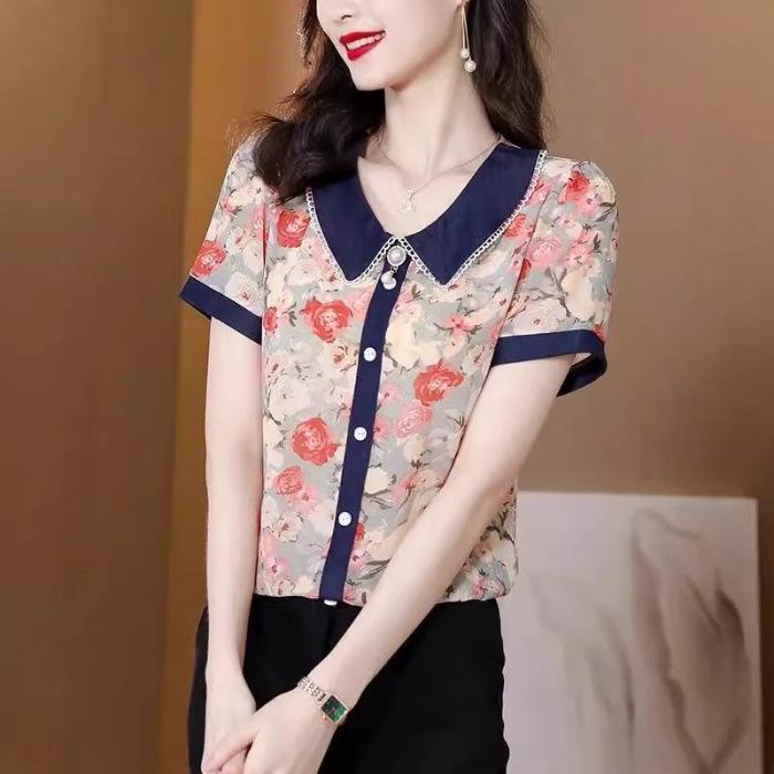 Women s Chic Printed Doll Collar Short-Sleeve Top - Summer Fashion Versatile Casual Wear XL