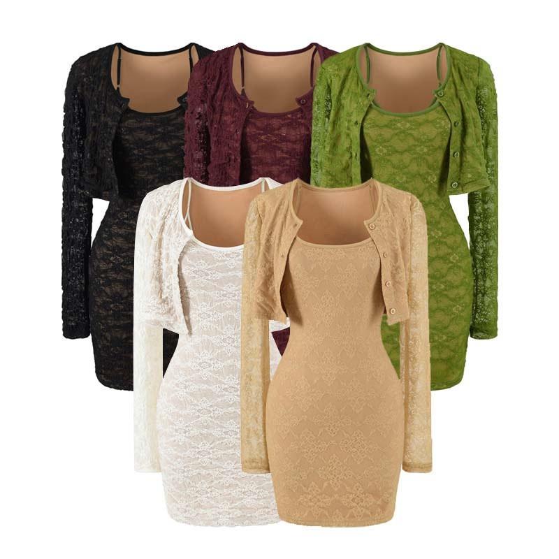Pure Desire Lace 2-Piece Dress Set Slim Fit Cami Mini Skirt Long Sleeve Cardigan See Through