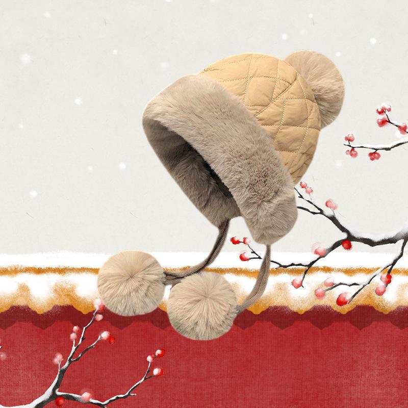 Winter Women's Cute Korean Style Fleece-Lined Thickened Warm Plush Earflap Cold-Resistant Down Cycling Hat