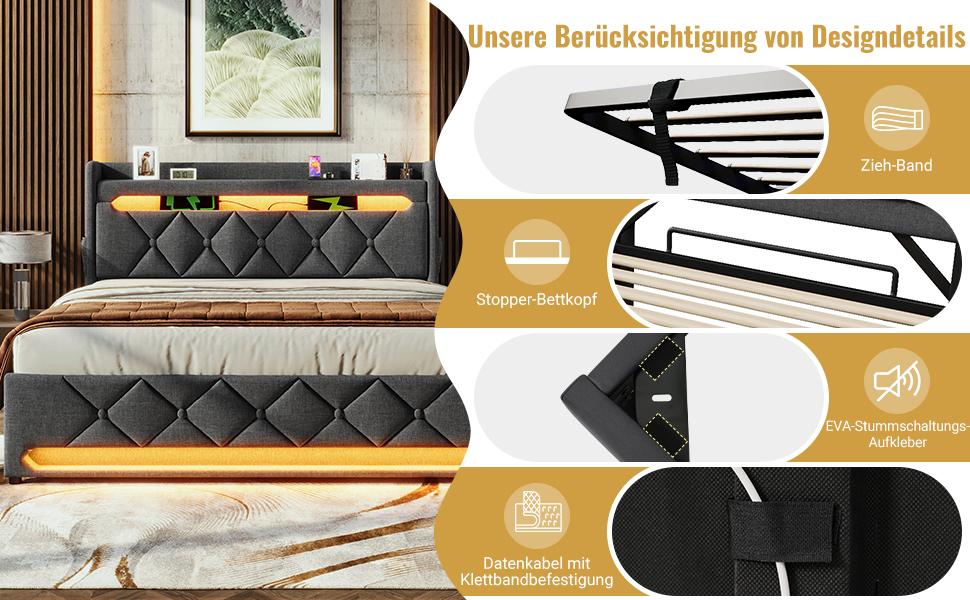 Upholstered Bed 140*190, Storage Headboard, USB Type C Port, 360 Surround LED Around Head and Foot End, Hydraulic Storage, Grey, Linen(No Mattress)