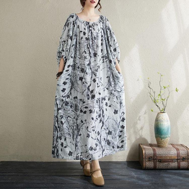 

Летнее женское свободное платье-халат, художественное, из хлопка и конопли, средней длины, большого размера one size