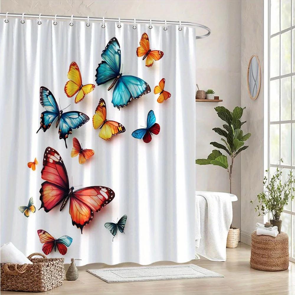 Lebendiger Schmetterlings-Duschvorhang, Verspielte Blau-Orange-Rot-Gelbe Flügel, Weißer Hintergrund, Verspielte Badezimmerdekoration, Polyester