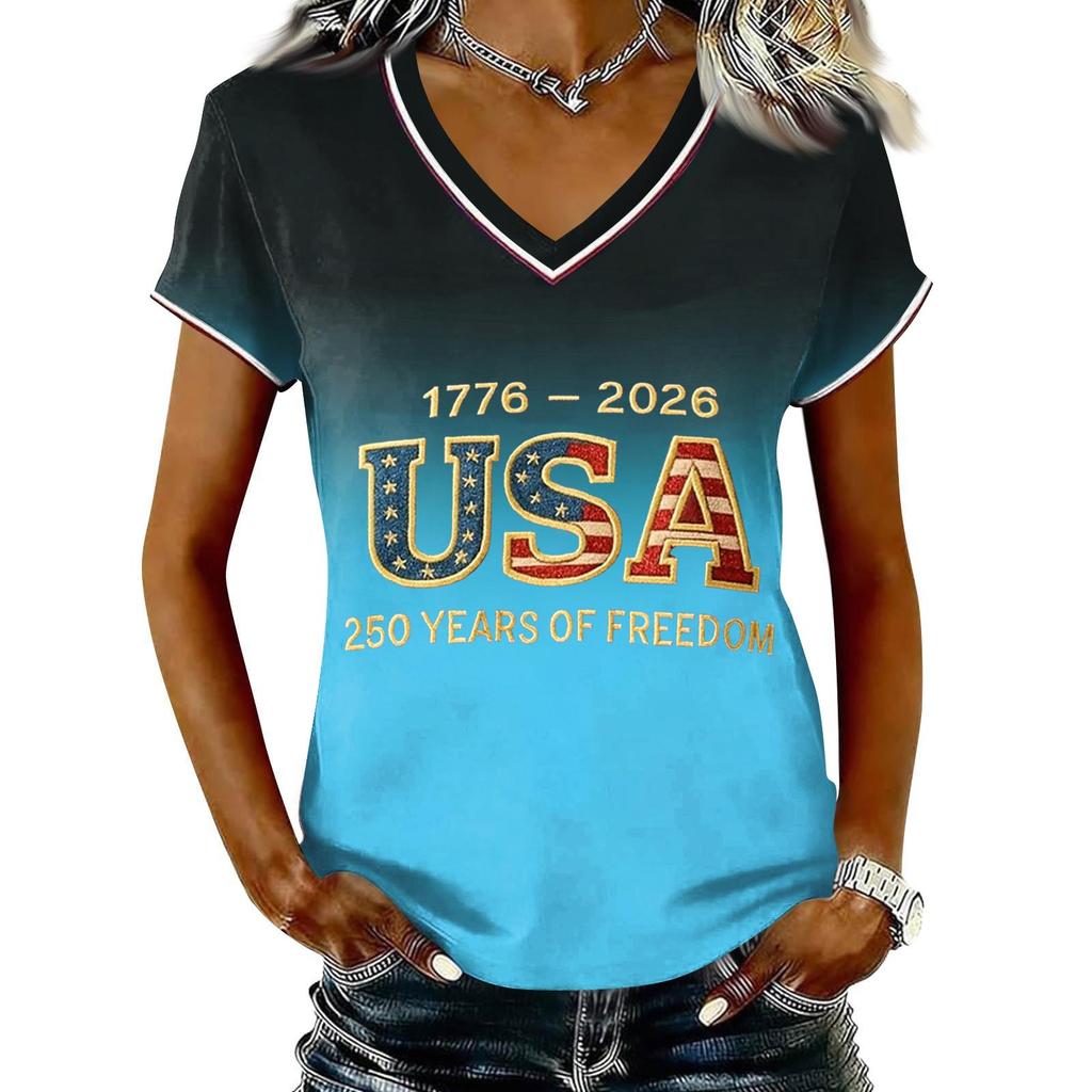 Women Casual V Neck Short Sleeve Pullover T Shirt Gradient Print USA Independence Day Graphic Top