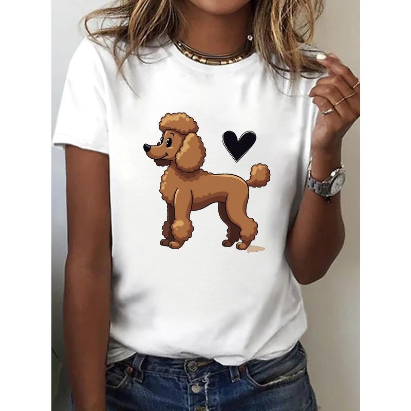 Casual Short-Sleeve Crew Neck Top for Women Featuring A Poodle Design with An Artistic Heart Print, Perfect for Spring and Summer