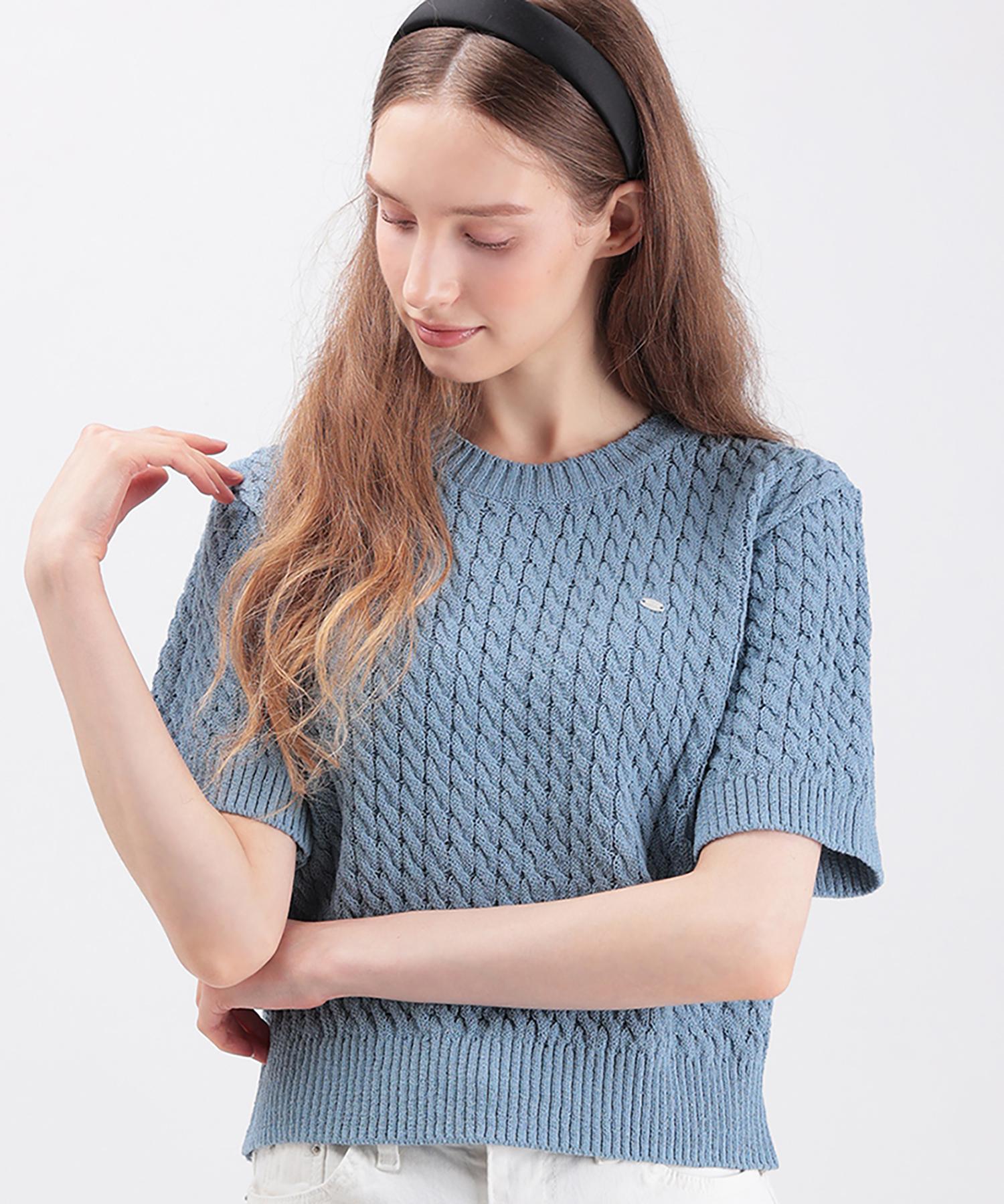 When You Move Silver Logo Cable Knit Short Sleeve Knit Blue