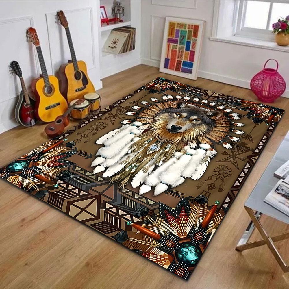 Wolf and Tribal Feather Design Carpet Patterned Carpet, Non Slip Mat Suitable for Living Room and Bedroom Sofas