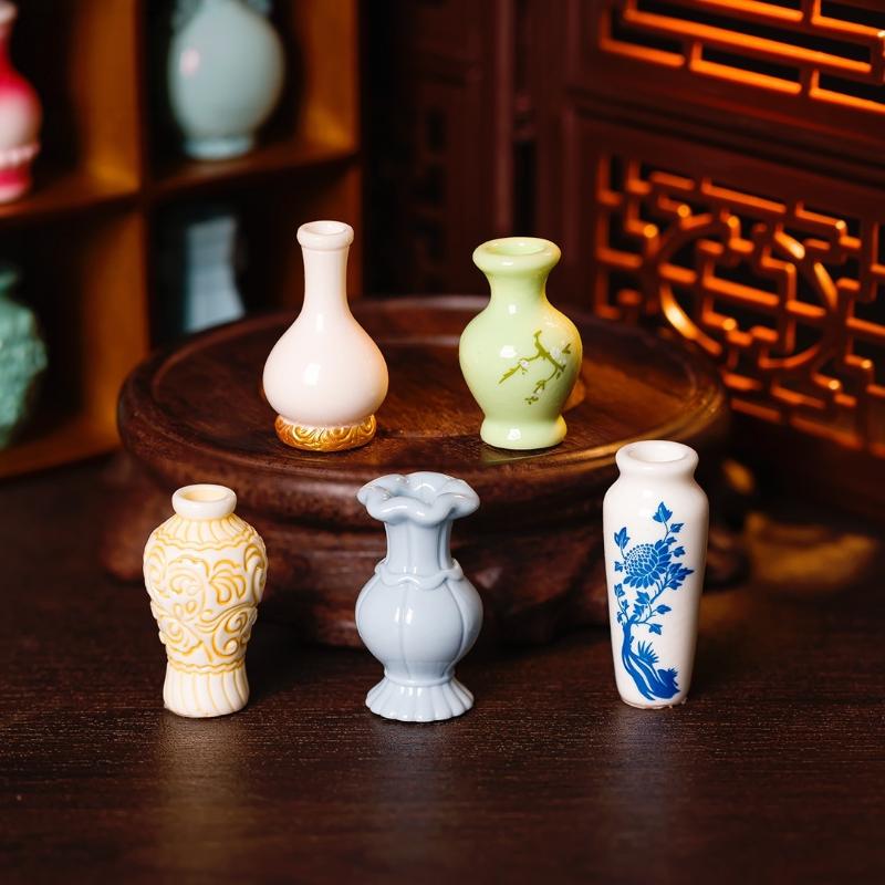 9Pcs Mini Antique Vase Resin Ornament Vintage Porcelain Style Vase Model Decor For Dollhouse Landscape Scene Desktop Diy Crafts