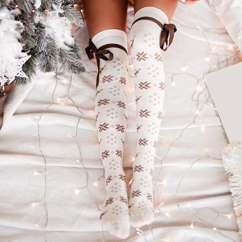 Women Christmas Snowflake Knitted Thigh High Stockings with Ribbon Bows Festival Over Knee Long Boot Socks Leg Warmers