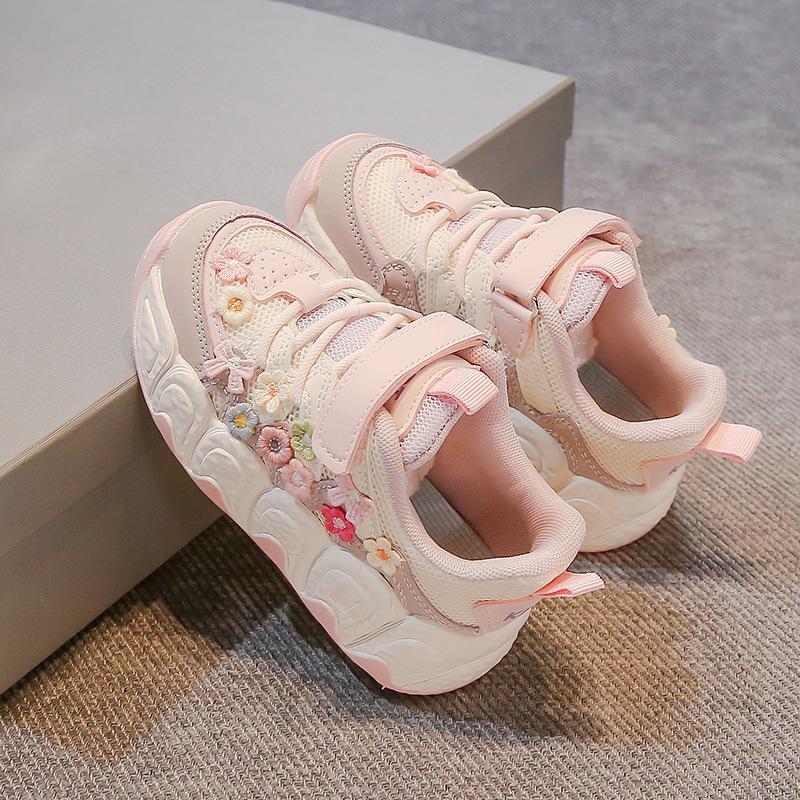 Girls Flower Embroidery Velcro Strap Thick Sole Casual Breathable Sneakers