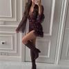 Vintage Dark Floral Chiffon Dress Women's Deep V-Neck Long Sheer Bell Sleeve Dress with Ruffle Hem Slim Fit Mini Dress Casual Wear Romantic Occasions