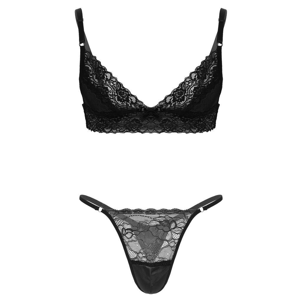 Mens Adjustable Floral Lace Bra Top with Matching Thong Briefs Sissy Lingerie Set